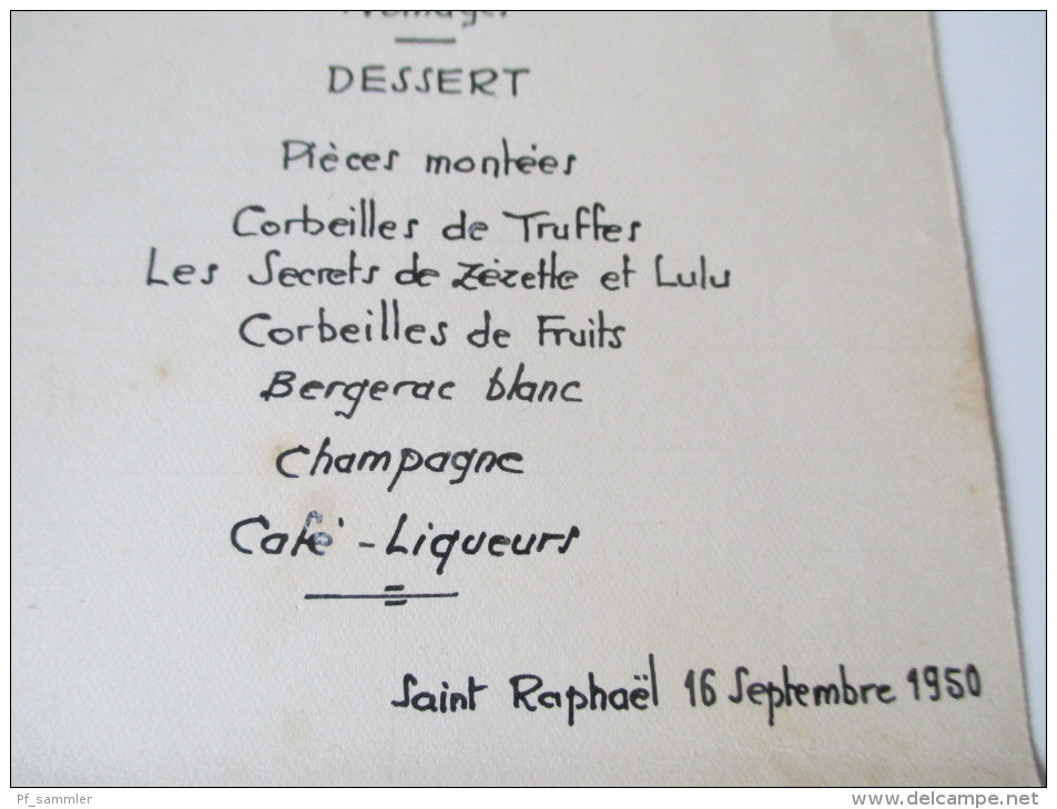 Alte Speisekarte / Menukarte / Menucard. Handgeschrieben / Handwritten!! 16.9.1950 Saint Raphael - Menu