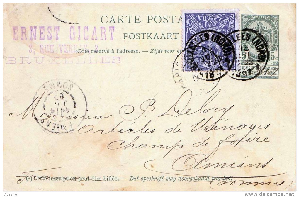 BELGIEN 1897 - 5c Ganzsache + ? Zusatzfrankierung Auf Postkarte, 4 Stempel (Amiens, Bruxelles) - 1893-1907 Wappen