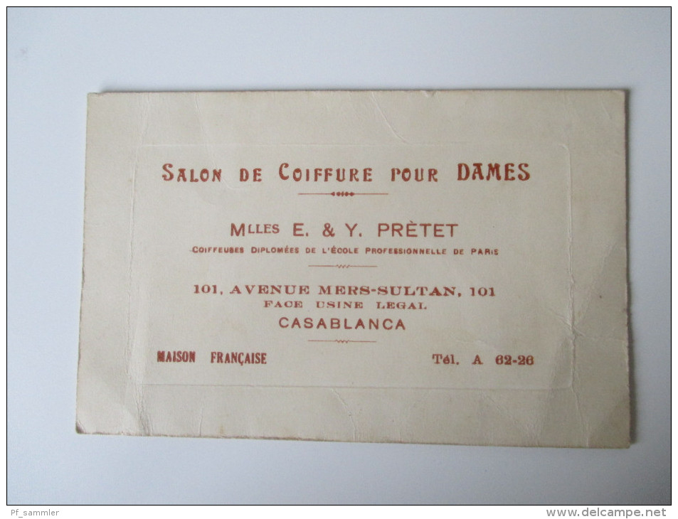Alte Visitenkarte. Salon De Coiffure Pour Dames. E.&Y. Pretet. 101, Avenue Mers-Sultan. Casablanca - Visitenkarten