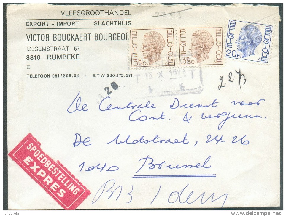 Lettre Affranchie à 27Frs. Elstroem Obl. De ROESELARE T *T Par Exprès Le 15-X-1974 Vers Bruxelles  - Expéditeur V. BOUCK - 1970-1980 Elström