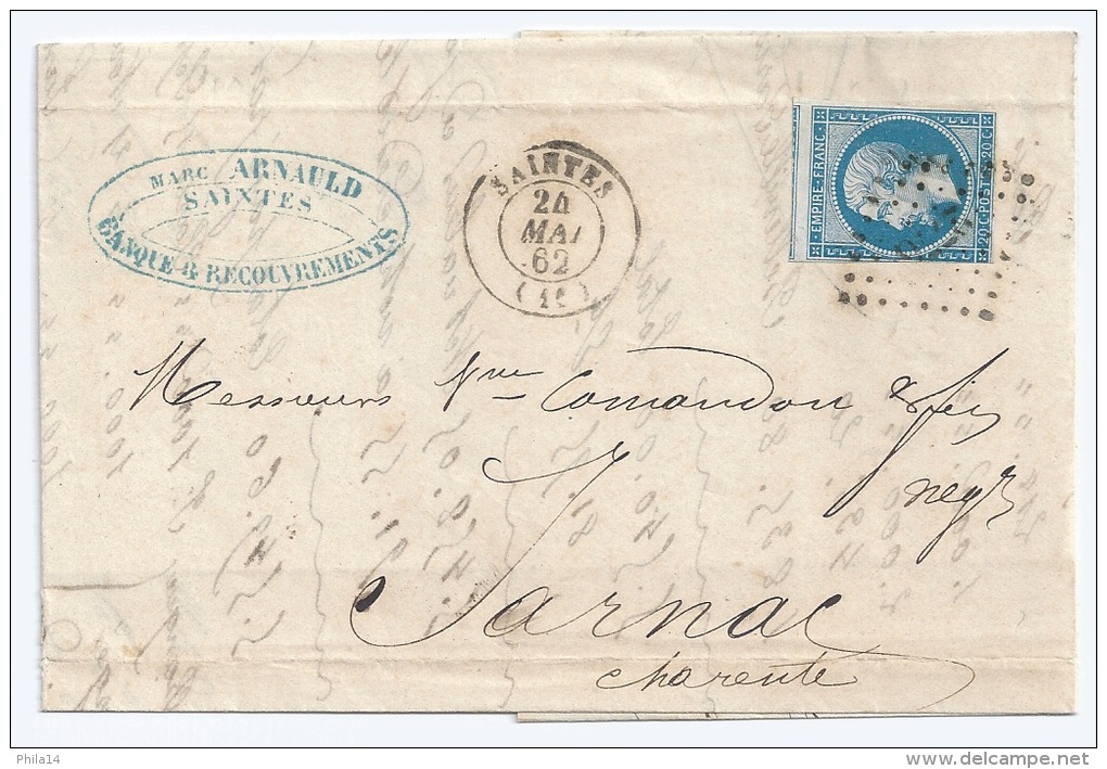 N° 14 BLEU NAPOLEON SUR LETTRE SAINTES POUR JARNAC / 24 MAI 1862 - 1849-1876: Période Classique