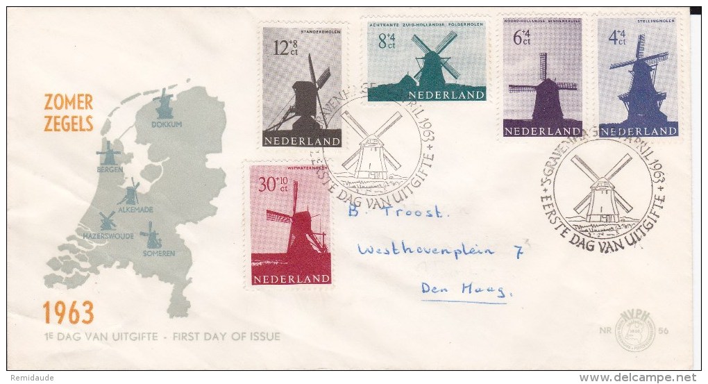 NEDERLAND - 1963 - SERIE COMPLETE YVERT N°769/773 Sur ENVELOPPE FDC De S´GRAVENHAGUE - MOULINS - FDC