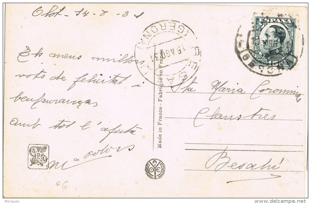 8065. Postal OLOT (Gerona) 1931. Fechador BESALÚ - Cartas & Documentos