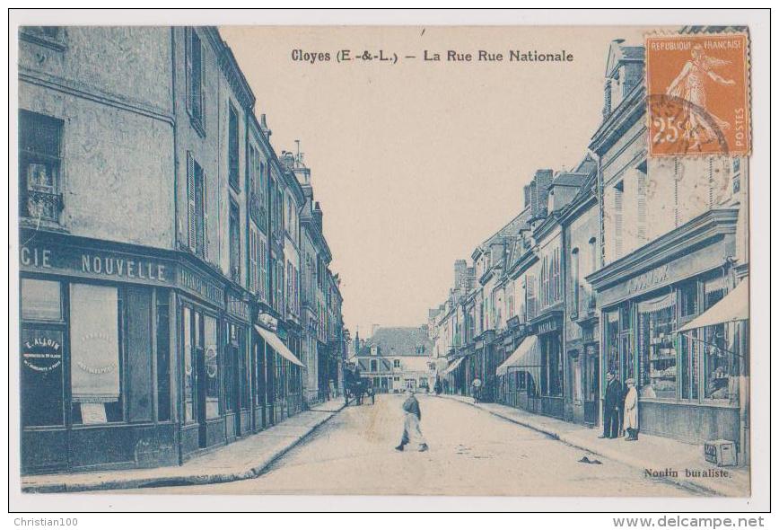 CLOYES : LA RUE NATIONALE - NOMBREUX COMMERCES - ATTELAGE - ECRITE 1929 - R/V - - Cloyes-sur-le-Loir