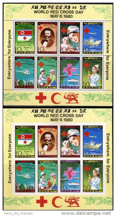 North Korea 1980 RED CROSS X2 M/S Perf/imperf  Mi #1976-83AB MNH MEDICINE NURSES DOLLS HELICOPTER - Corea Del Norte