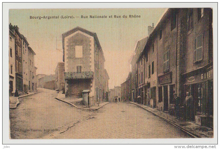 CPA 42 Loire Bourg Argental Rue Nationale Et Rue Du Rhône 1920 Colorisée Très Bon état. - Bourg Argental