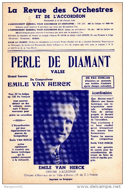 COLLECTION MUSIQUE - PARTITION ACCORDEON -  EMILE VAN HERCK : PERLE DE DIAMANT - Chansonniers