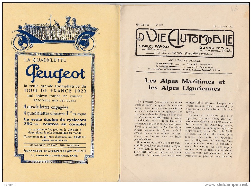 REVUE - LA VIE AUTOMOBILE - SUPPLEMENT AU N° 781 - ANNEE 1923 - Autres & Non Classés