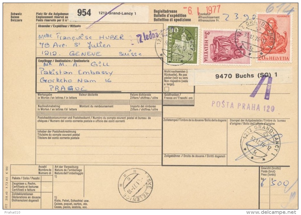 I3428 - Switzerland (1976) 1212 Grand-Lancy 1 / 9470 Buchs (SG) 1 / Ceske Velenice / Praha 120 / 221 00 Praha 121 - Lettres & Documents