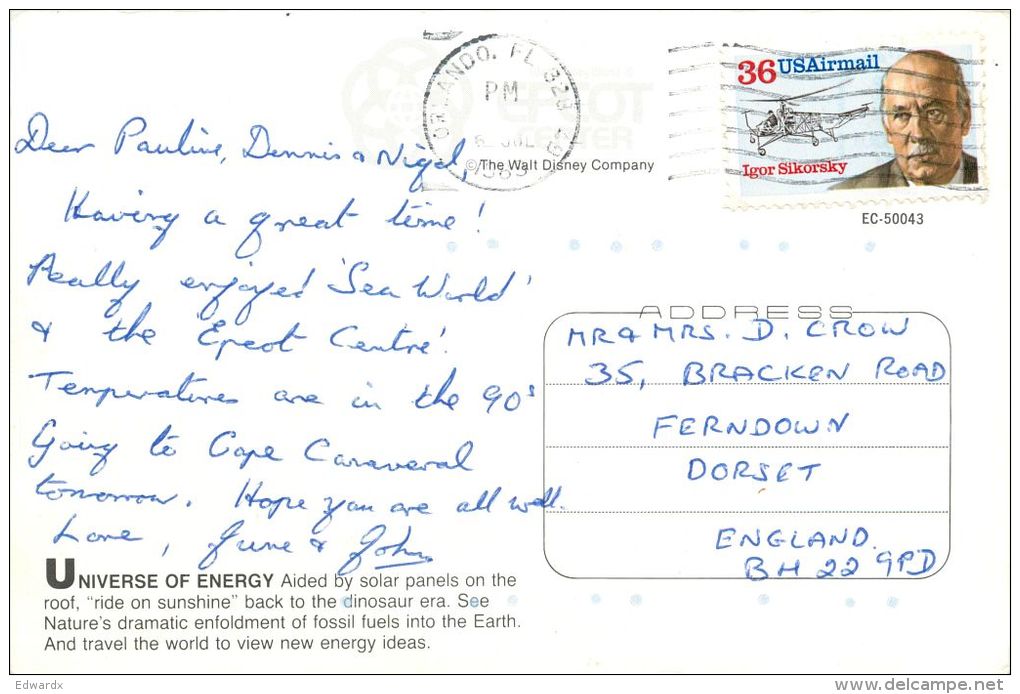 Epcot Center, Disneyworld, Florida, USA Postcard Used Posted To UK 1989 Stamp - Disneyworld