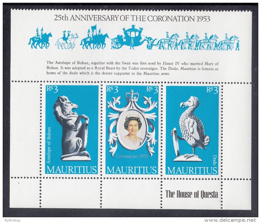Mauritius MNH Scott #464a-#464c Strip Of 3 Plus Gutter 25th Anniversary Coronation Of Queen Elizabeth II - Maurice (1968-...)