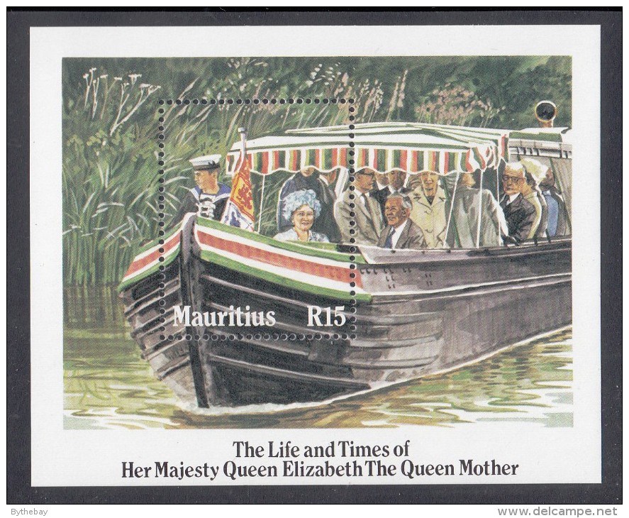 Mauritius MNH Scott #608 Souvenir Sheet 15r Queen Mother On Royal Barge, Re-opening Stratford Canal - 85th Birthday - Mauricio (1968-...)