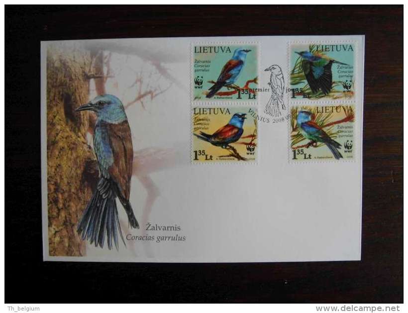 WWF Lithuania 2008 European Roller  (birds) - LOCAL FDC Stamps Serie - FDC