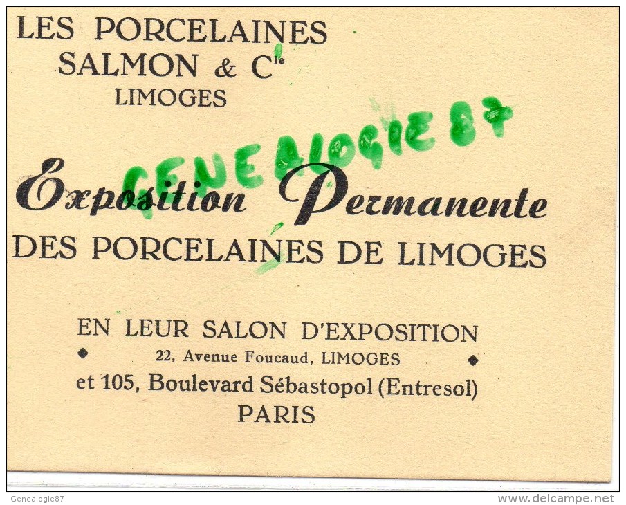 87 - LIMOGES - LES POCELAINES SALMON & CIE - CARTON EXPOSITION PERMANENTE 22 AV. FOUCAUD- ET 105 BD SEBASTOPOL PARIS - Autres & Non Classés