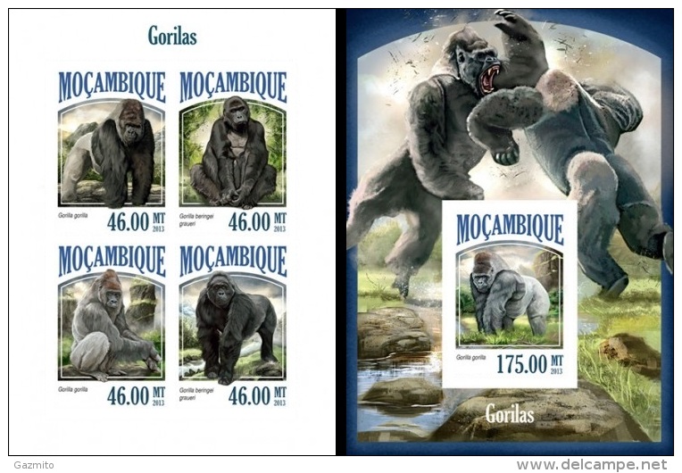 Mozambico 2013,  Gorillas, 4val In BF+BF IMPERF. - Gorilla's
