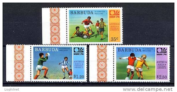 BARBUDA 1974, COUPE MONDE FOOTBALL MUNICH 1974, 3 Valeurs, NEUFS. R135 - 1974 – Allemagne Fédérale