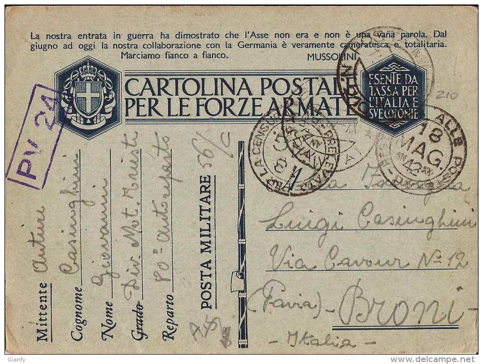 FRANCHIGIA WWII POSTA MILITARE 210 1942 BARGE LIBIA X BRONI DIV MOT TRIESTE - Posta Militare (PM)