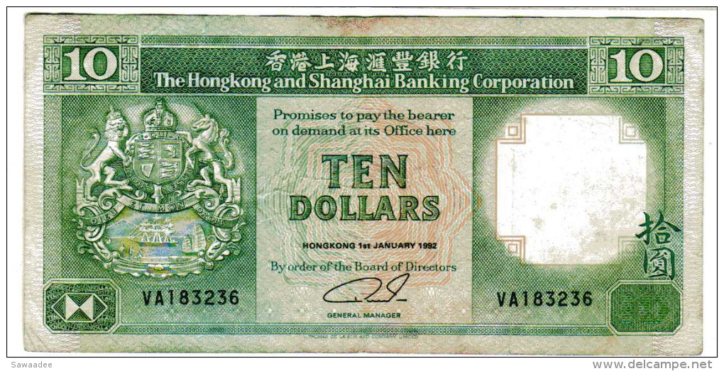 BILLET HONG KONG - P.191 - 10 DOLLARS - 01/01/1992 - SAMPAN - LION - BUILDING - Hong Kong