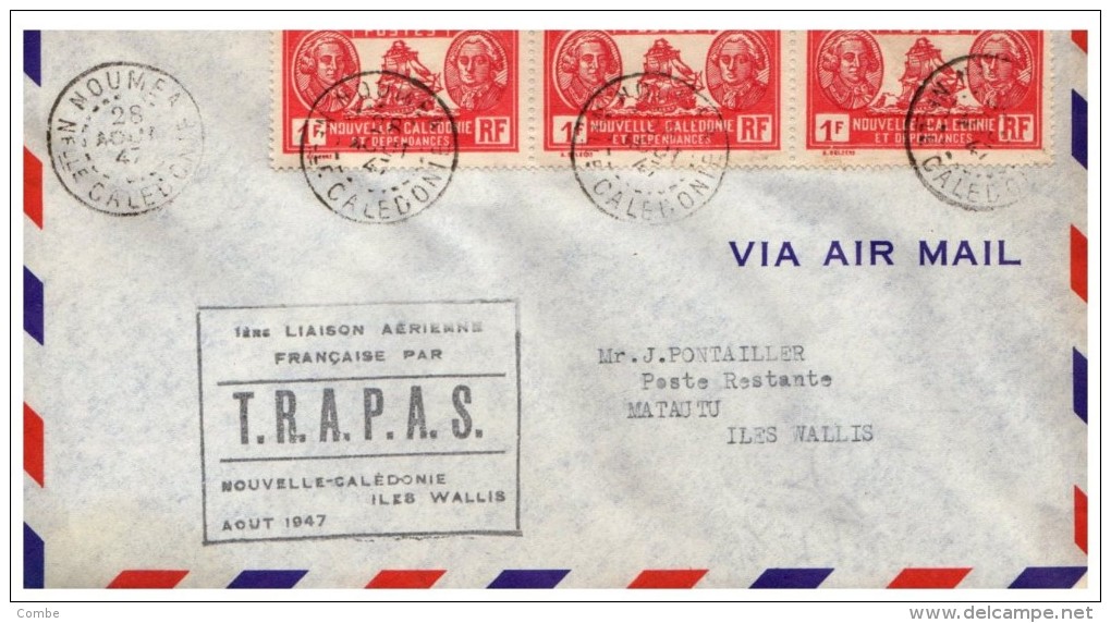 1947  LETTRE, PREMIERE  LIAISON TRAPAS NOUVELLE CALEDONIE ILES WALLIS/4958 - Storia Postale