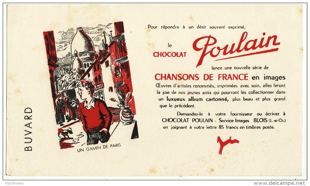 Buvard Chocolat Poulain Chansons De France Un Gamin De Paris - Cocoa & Chocolat