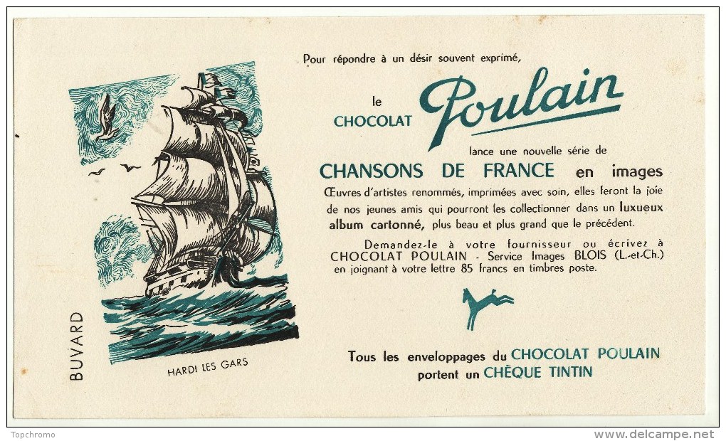 Buvard Chocolat Poulain Chansons De France Enfantines Hardi Les Gars Bateau Voilier - Chocolat