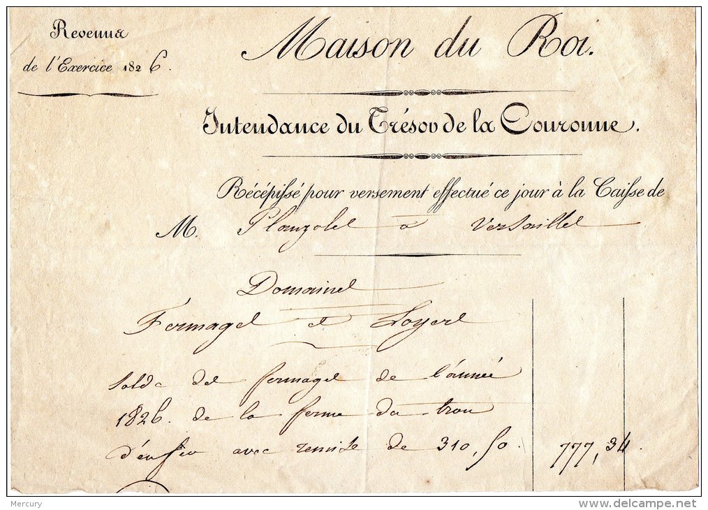 FRANCE - Maison Du Roi Recette De 1826 Pour Un Domaine En Fermage - Documents Historiques