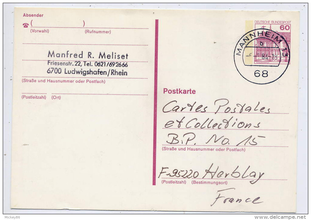 Allemagne--Entier--CP --1984--de Ludwigshafen/Rhein  Pour La France (Herblay--95)---cachet  MANNHEIM 13 - Postcards - Used