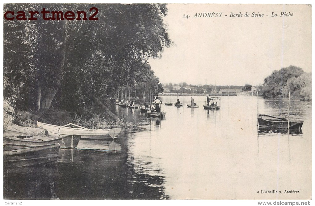 LOT DE 13 CPA : ANDRESY YACHT DE M. LEBAUDY PORT DES GUÊPES VILLA MARGUERITE BARRAGE MANOIR DE DENOUVAL PECHE EGLISE