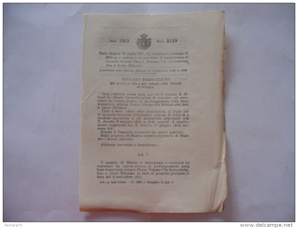 MILANO TRAMVIA URBANA PIAZZA DUOMO-VIA SETTEMBRINI GRECO MILANESE REGIO DECRETO 1919 - Decreti & Leggi