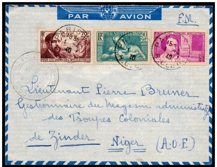 N°438+437+419, Obl Cad Paris 1/4/40, Controle Postal De La Commission K, Pour Le Niger   -   TTB - Guerre De 1939-45