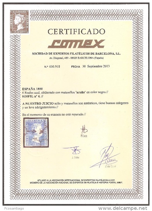 ESPAÑA 1850 - Edifil #4 Certificado COMEX - Usados