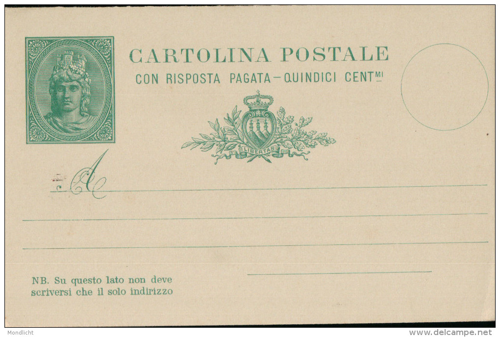 San Marino Ganzsache "Cartolina Postale - Risposta"  15 Centimi. 1894. - Storia Postale