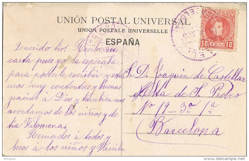 8088. Postal CALELLA (barcelona) 1908. Fechador Violeta - Cartas & Documentos