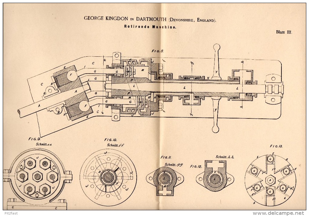 Original Patentschrift - George Kingdon In Dartmouth , Devonshire , 1886 , Rotating Machine , Pump , Devon !!! - Tools
