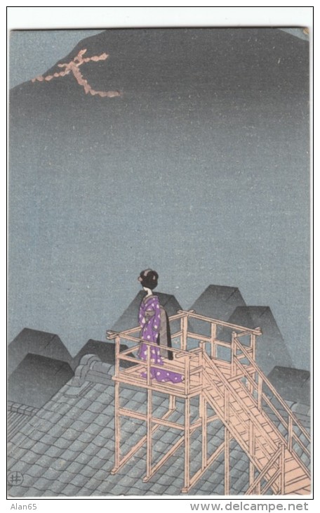 Japan Artist Signed, Woman On Roof Waiting(?), C1910s Vintage Postcard - Sonstige & Ohne Zuordnung