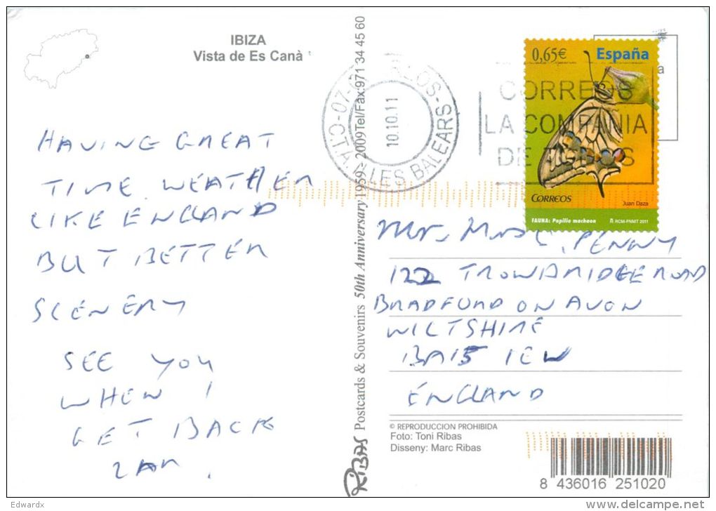 Es Cana, Ibiza, Spain Espana Postcard Used Posted To UK 2011 Stamp - Ibiza