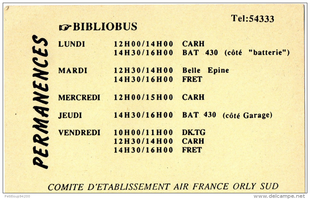 CALENDRIER AIR FRANCE  COMITE D'ETABLISSEMENT ORLY SUD Permanences  Bibliobus  Calendrier 1991 - Sonstige & Ohne Zuordnung