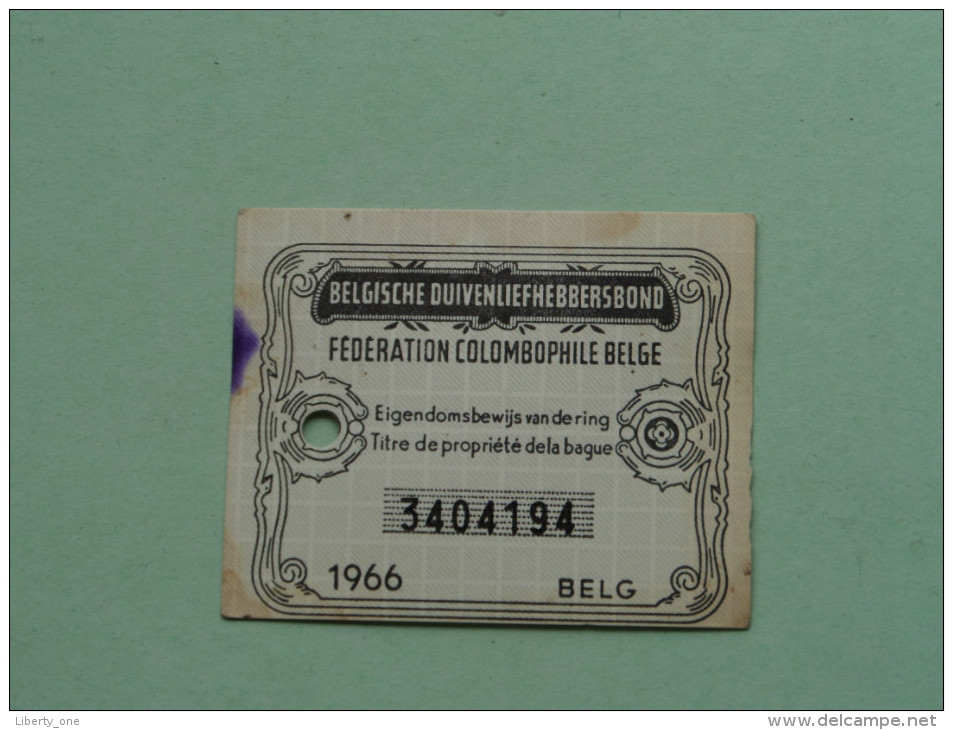 Fédération Colombophile Belge - Titres De Propriété De 1966 Eigendomsbewijs Ring Bague Duivenliefhebbersbond ! - Autres & Non Classés