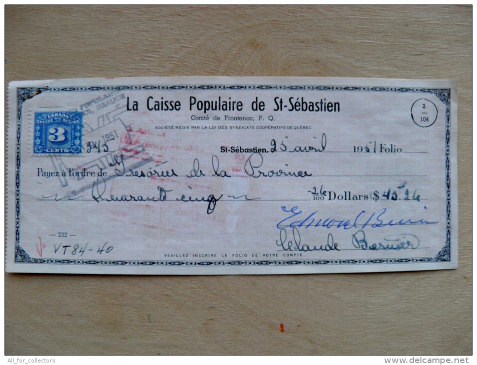 2 Scans, Bank Check Cheque From Canada 1951 St.Sebastien - Unclassified