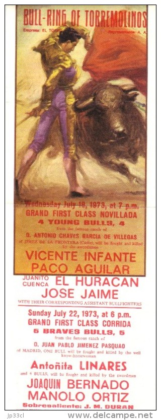 Affiche De Corrida Torremolinos, 18/7/72 Vicente Infante, Paco Aguilar, El  Huracan, Jose Jaime (format 11 X 31 Cm) - Affiches