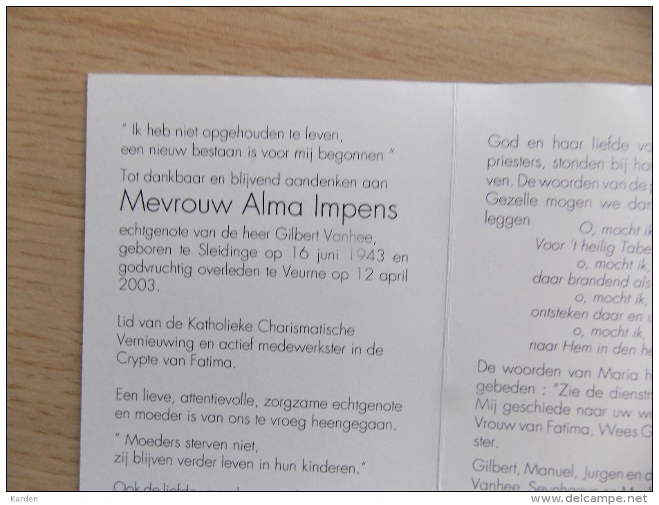 Doodsprentje Alma Impens Sleidinge 16/6/1943 Veurne 12/4/2003 ( Gilbert Vanhee) - Godsdienst & Esoterisme