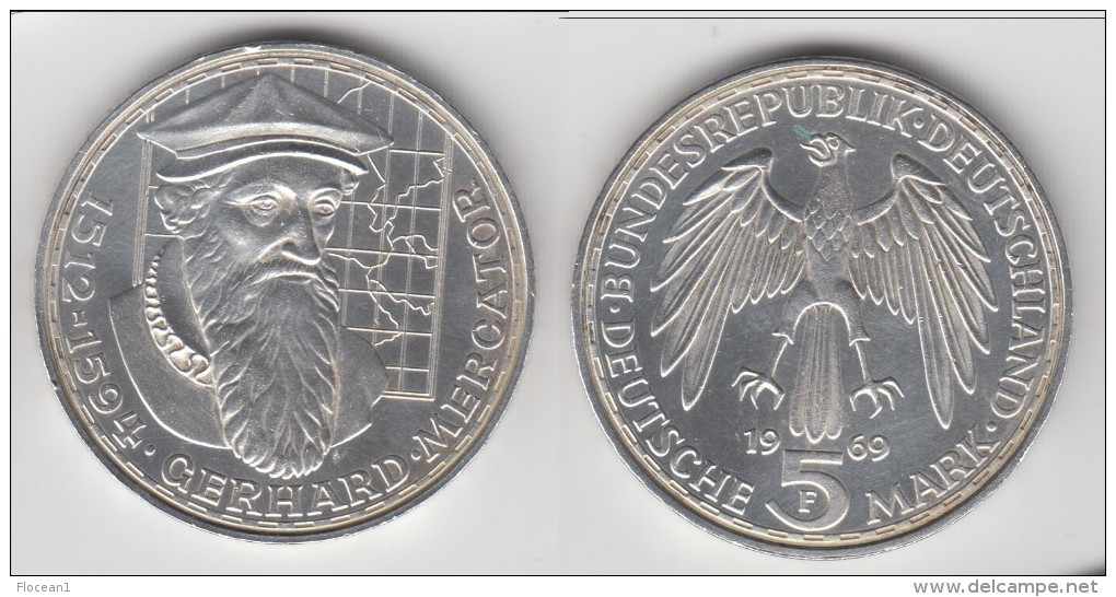 **** ALLEMAGNE - GERMANY - 5 MARK 1969 - 375th ANNIVERSARY OF GERHARD MERCATOR - SILVER - ARGENT **** EN ACHAT IMMEDIAT - 5 Mark