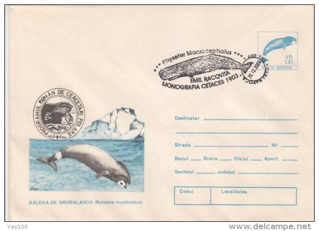 GREENLAND WHALE, COVER STATIONERY, ENTIER POSTAL, 2003, ROMANIA - Whales