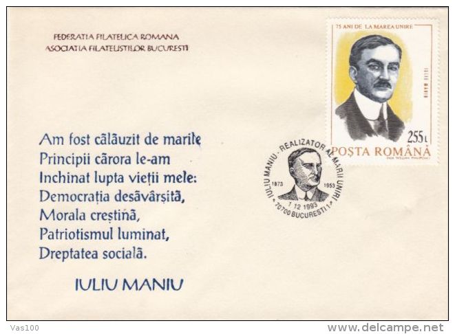 IULIU MANIU, POLITICIAN, SPECIAL COVER, 1993, ROMANIA - Lettres & Documents