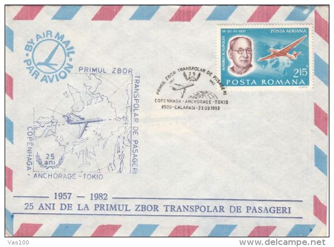 FIRST POLAR PESSENGERS FLIGHT, COPENHAGEN- ANCHORAGE, TOKIO, PLANE, SPECIAL COVER, 1982, ROMANIA - Polar Flights