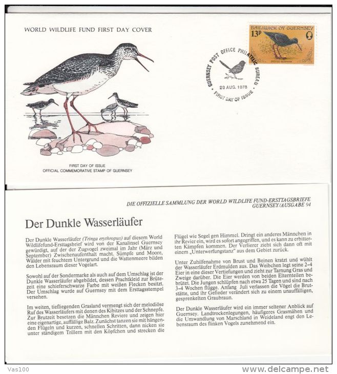 BIRDS, SPOTTED REDSHANK, WWF- WORLD WILDLIFE FUND, COVER FDC WITH ANIMAL DESCRIPTION SHEET, 1976, GUERNSEY - Storks & Long-legged Wading Birds