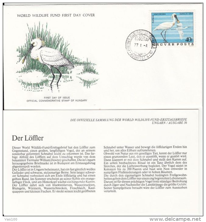 BIRDS, SPOONBILL, WWF- WORLD WILDLIFE FUND, COVER FDC WITH ANIMAL DESCRIPTION SHEET, 1977, HUNGARY - Storks & Long-legged Wading Birds