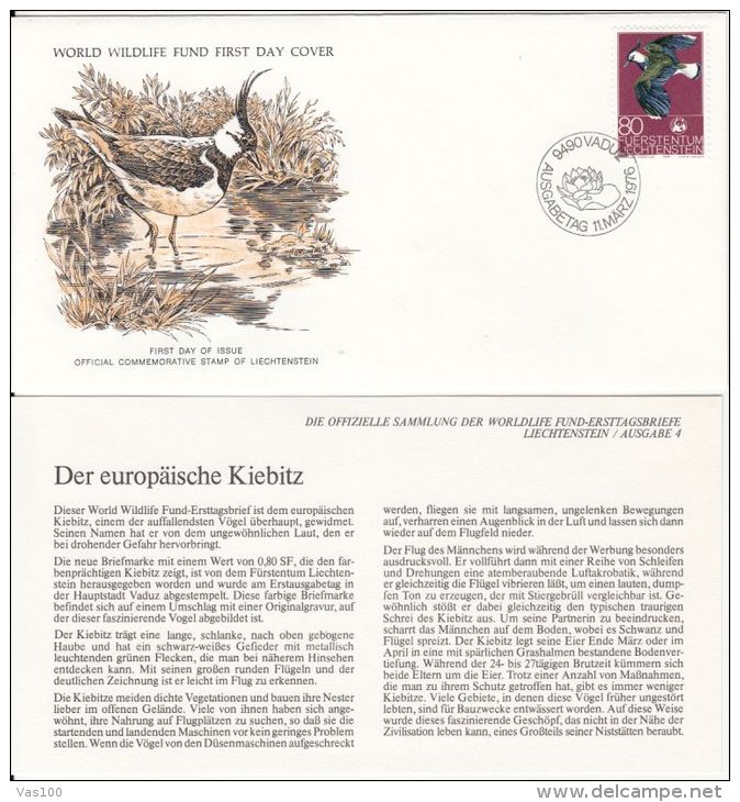 BIRDS, LAPWING, WWF- WORLD WILDLIFE FUND, COVER FDC WITH ANIMAL DESCRIPTION SHEET, 1976, LIECHTENSTEIN - Picotenazas & Aves Zancudas