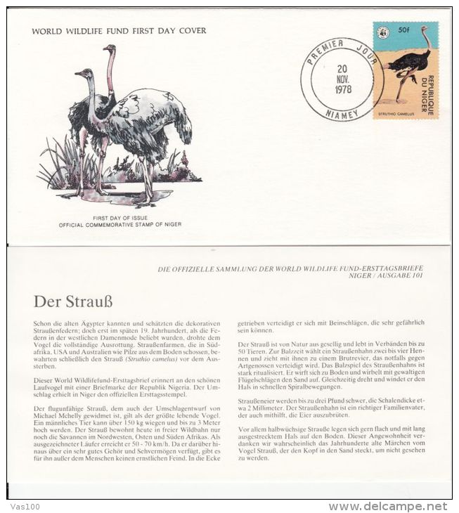 BIRDS, OSTRICH, WWF- WORLD WILDLIFE FUND, COVER FDC WITH ANIMAL DESCRIPTION SHEET, 1978, NIGER - Struzzi