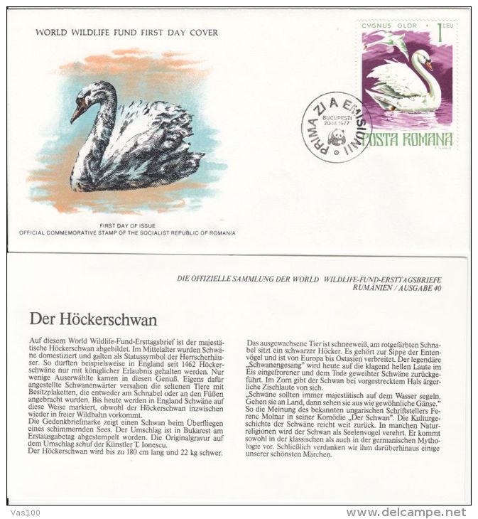 BIRDS, MUTE SWAN, WWF- WORLD WILDLIFE FUND, COVER FDC WITH ANIMAL DESCRIPTION SHEET, 1977, ROMANIA - Cisnes